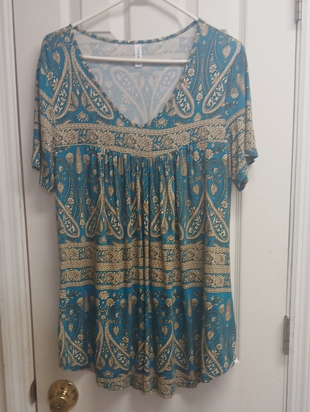 Laolasi Teal & Beige Paisley V-Neck Bohemian Tunic Top XL - NWOT